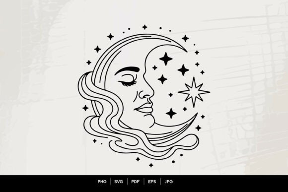 Celestial Moon Face Line Art SVG: Graphics for Creative Design