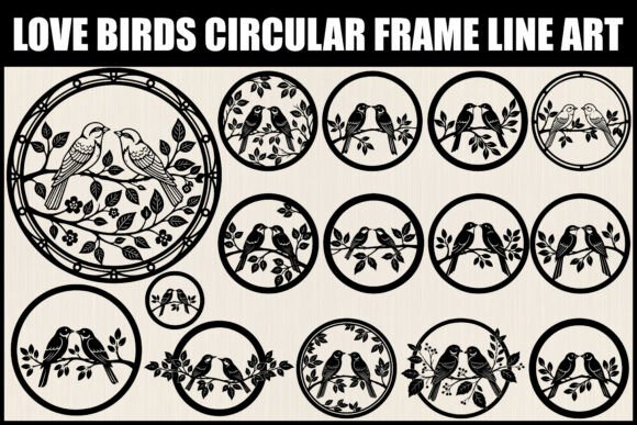 Love Birds Circular Frame Line Art Graphics