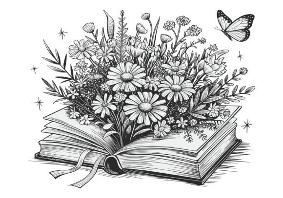 Open Book Silhouette, Floral Book Vector Graphics