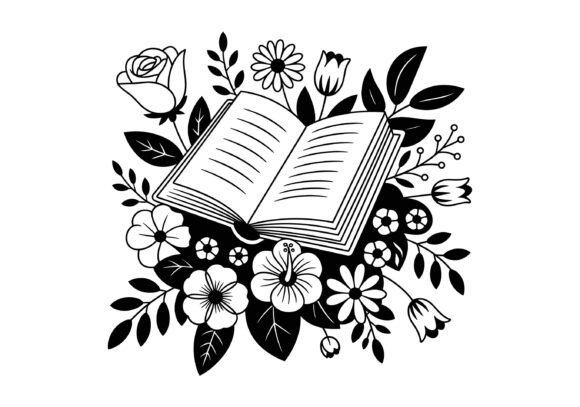 Open Book Silhouette with Flower Vector