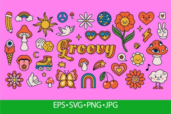 Retro 70s Hippie Stickers, Psychedelic Graphics