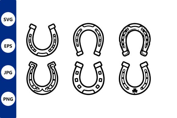 Six Black and White Horseshoe Line Art Graphics