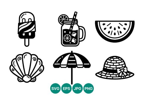Summer Icons Black White Vector Art