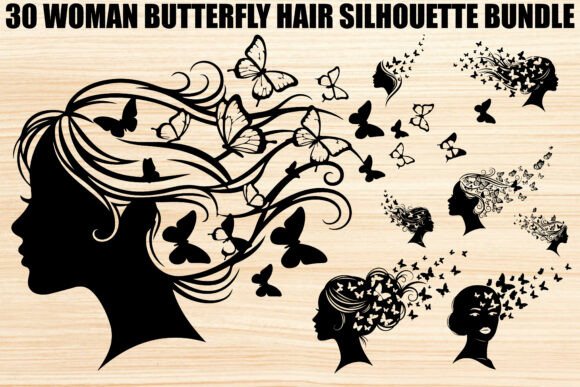 Woman Butterfly Hair Silhouette Bundle